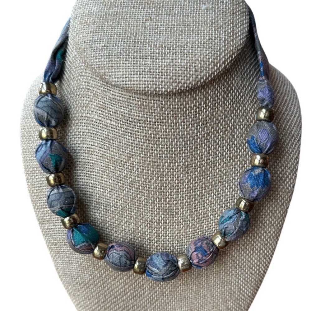 Handcrafted Blue+Purple Floral Kantha Inspired Fabric Bead Necklace